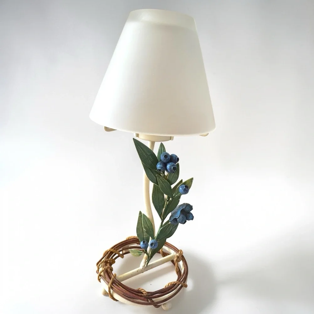 Candle holder lamp with blueberries, metal with frosted glass lampshade, vintage